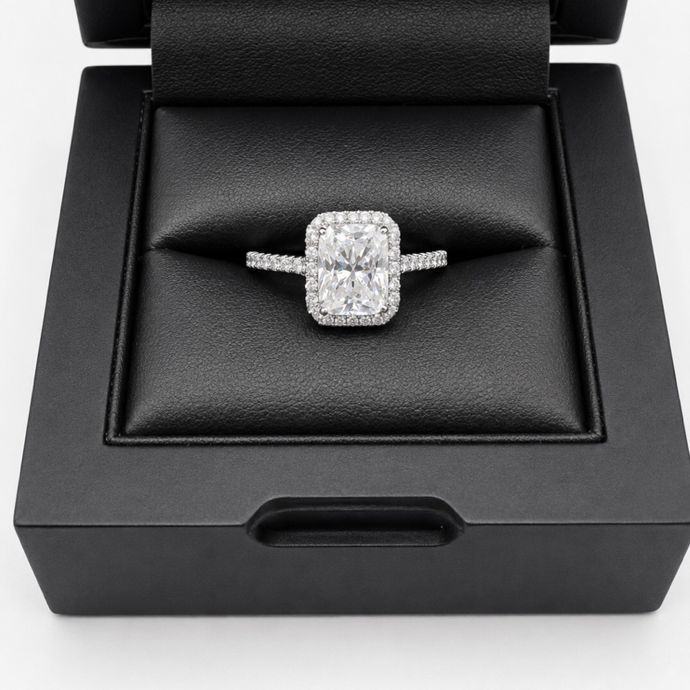 925 Sterling Silver 3.00CT MOISSANITE Emerald Cut Halo Ring Size 6 or 8